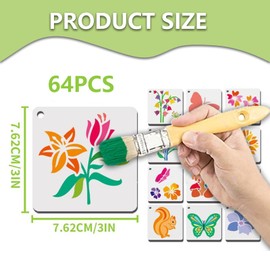 64 PCS Flower Stencils for Painting, 3 inch Reusable Openwork Nature Painting Stencils Templates of Bird Butterfly Flower Leaves for DIY Art Crafts on Scrapbook Wood Wall Window Home Decoration