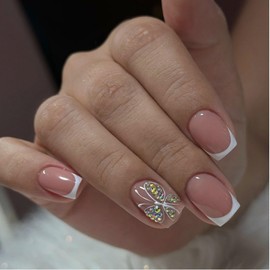 French False Nails Short - 24Pcs Pink Press On Nails Square - French Tip Nails with Butterfly Broken Glass Design - Cute nails Full Cover Acrylic nails Press on Valentines Nail Art