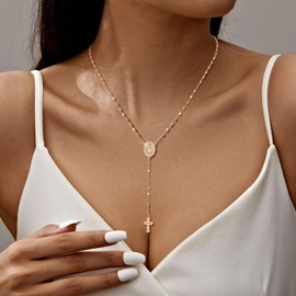 Women's Gold Virgin Mary Necklace - 14k Gold Plated Rosary Bead Cross Necklace,Hypoallergenic Non Tarnish Gold Catholic Y Chain Necklace,Religious Rosary Beads Crucifix Necklaces Jewelry Gift for Her