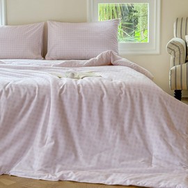 NSNLGSGC Pink Gingham Cotton Comforter Set Twin, 100% Washed Cotton Plaid Checked Comforter Bedding, 2 Pieces Vintage Farmhouse Grid Bedding Set(Pink Gingham, Twin)