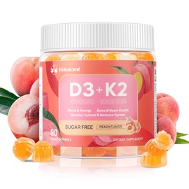 Vitamin D3 K2 Gummies w/Magnesium Sugar Free - 90 Count | D3 Vitamin 5,000 IU + K2(MK-7) 100 mcg - Vegan K2 D3 Vitamin Supplement, Highly Absorbent Supports Bone, Muscle, Mood & Immune(Peach Flavor)