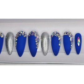 nailed by rachel Royal Blue matte stiletto nails chrome silver crystal bling press on nails