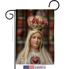 Our Lady of Fatima Garden Flag Set with Stand Religious Faith Hope Grace Peace Dove Christian Religion Easter Small Decorative Gift Yard House Banner Made In USA 13 X 18.5