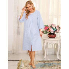 Bloggerlove Cotton Nightgowns for Women Housecoats Snap Front House Dress Duster Mumu Dresses Button Up Lounger Dress Lightweight Robe Blue S