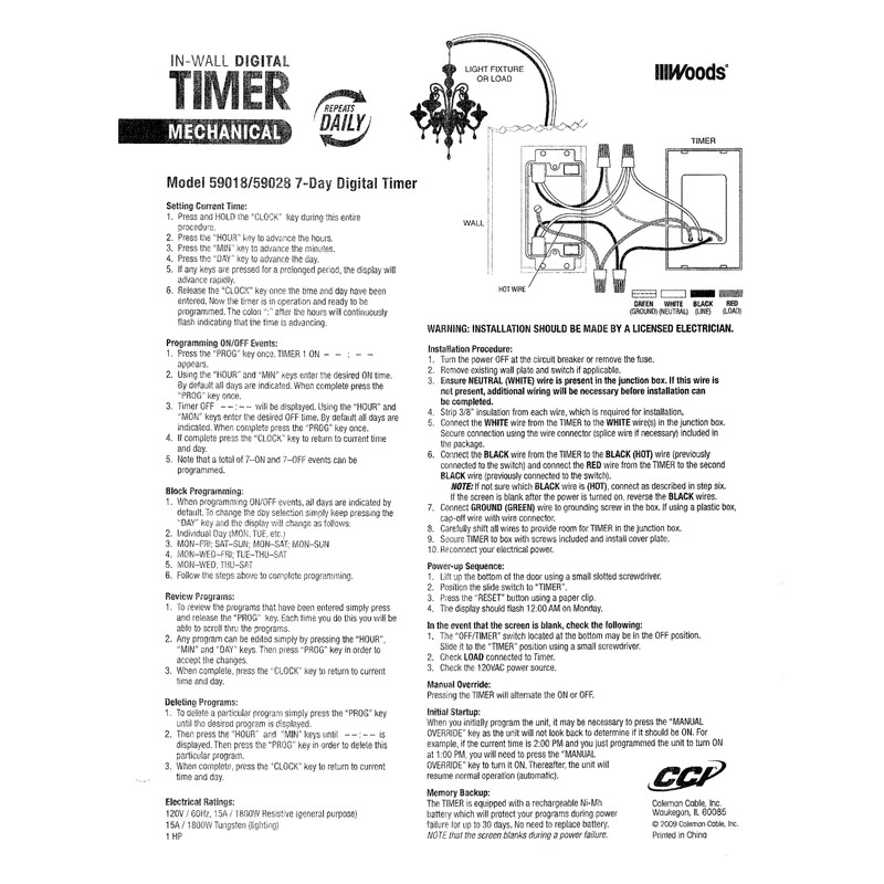 Woods 59018WD in-Wall 7-Day Digital Timer