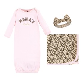 Hudson Baby Infant Girl Gown, Swaddle Blanket and Cap or Headband, Leopard Mamas Mini, 0-6 Months