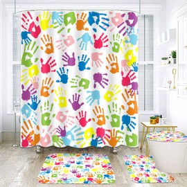 NTETSN 4 PCS Watercolor Shower Curtain, Handprint in Rainbow Color Bathroom Curtain Sets for Kids,Non-Slip Rugs, Toilet Lid Cover, Bath Mat Curtain 72x72 Inch SETYYNT4