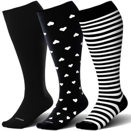 LEVSOX Plus Size Compression Socks for Women&Men Wide Calf 15-20 mmHg Knee High Extra Large Calf Support Socks for Nurse, Medical, Travel, Black, Polkadots, Stripe