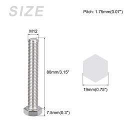 METALLIXITY Hex Bolts (M12-1.75x80mm) 5Pcs, 304 Stainless Steel Coarse Fully Threaded Hex Head Screw Bolt Machine Screws - for Furniture Repair, Silver