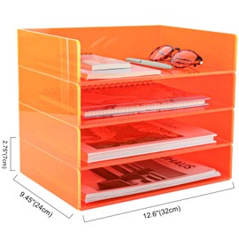 Gelite Acrylic File Organizer for Desk 4 Tiered Stackable Letter Tray Office Paper Storage Desktop Document Sorter, Neon Orange