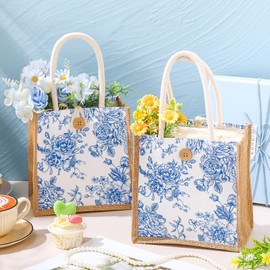 Abbylike 6 Pcs Wildflower Gift Bag Small Floral Flower Burlap Tote Handbag with Handle Button for Wedding Bridal Party Favor(Blue White Flowers)
