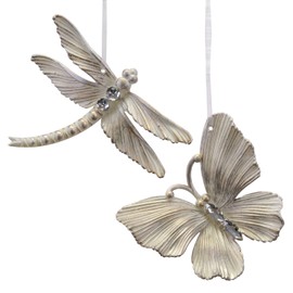 CF Collection Butterfly and Dragonfly Christmas Tree Ornaments [Set of 2] 4in (Brushed Gold and Cream)