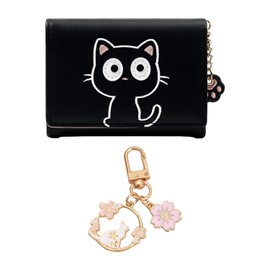 MEMOFYND 1 Black Cat Purse with 1 Cat Pendant, Cute Purse for Women, PU Leather Case with Multiple Card Slots, Clutch Accordion Bag (Black), black, Modern