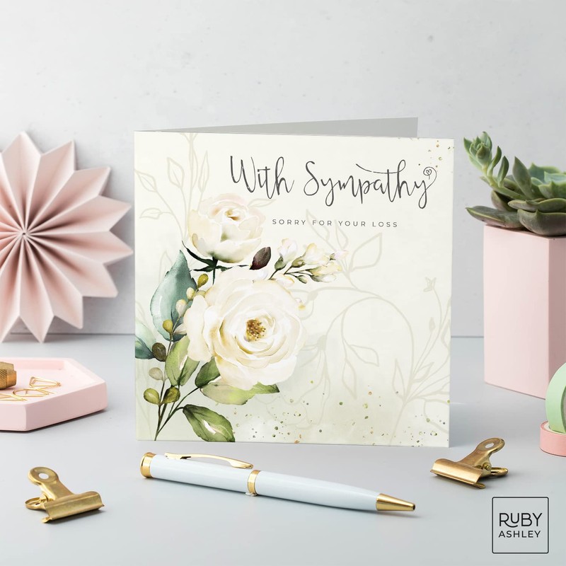 Ruby Ashley With Sympathy White Roses Condolence Card - Sympathy,