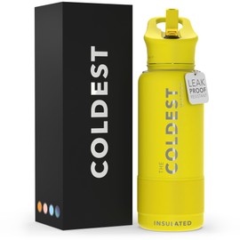 Coldest Sports Water Bottle with Straw Lid Vacuum Insulated Stainless Steel Metal Thermos Bottles Reusable Leak Proof Flask for Sports Gym (Solar Yellow, 32 oz)