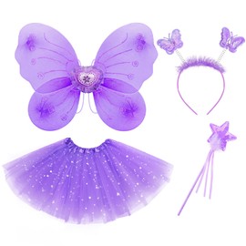 VEKDA 4 PCS Fairy Costume for Girls Butterfly Wings Kids Princess Costume Set with Tutu Skirt,Headband,Fairy Wings and Wand for 3-8 Years Purple