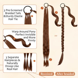 Wodelanle Long Braided Ponytail Extension with Hair Tie Light Brown Straight Wrap Around Braid Ponytail Hair Extensions Natural Soft Synthetic Hair Piece for Women Daily Wear(26 inch)