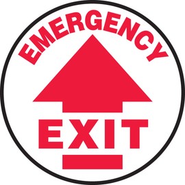 AccuformNMC Floor Sign "Emergency Exit" with Arrow, 8" Diameter Non-Slip Adhesive Vinyl Emergency Exit Sign, Red on White, Made in the USA, MFS812