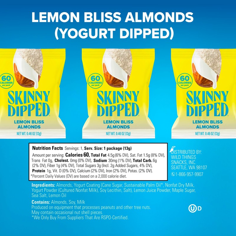 SkinnyDipped Lemon Bliss Almonds, Mini Snack Packs, Chocolate Covered Almonds,