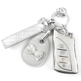 Rayslesan Key Fob Cover with Leather Holder Compatible with Airtag/RFID,Compatible with Lexus GX ES NX RC LC LS UX,RFID Protector,Car Key Accessories(4-Button, Silver)