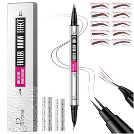 Curved Eyebrow Pencil with 10Pcs Stencils, 2-in-1 Dual-Ended Microblading Eyebrow Pen with Curved Brush-Tip and Fork-Tip for Hair-Like Brows, Waterproof Eyebrow Pencils for Women, Cool Brown