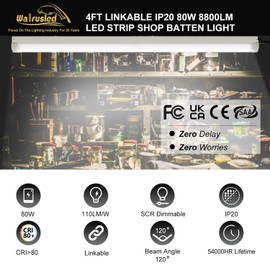 4FT Linkable Plug LED Linear Strip 80W Stairwell Light Fixture, 8800lm, 5000K, IP20 SCR Dimmable 4 Foot Commercial Grade Indoor LED Work Shop Ceiling Light Fixture with Power Cord for Workbench, FCC