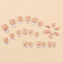 24pcs French Tip False Nails, Pink & Short Square Fake Nails with Heart Design. Nail French Tip for Women & Girls, Glue On Nail, Long-Lasting Gift Set