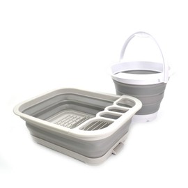 SAMMART 2pcs Kitchen & Outdoor Set : Collapsible Dish Drainer with Drainer Board & Collapsible Plastic Bucket (2, Grey+Grey)