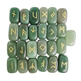 Lovionus89 Natural Rune Stones Set (25 Pieces), Polished Gemstone with Carved, Crystal Healing Reiki, Green Aventurine