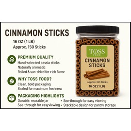 Cinnamon Sticks Whole Bulk 16 OZ Jar - 2.75 Inch Cut With Strong Aroma, Perfect for Crafts,Baking, Cooking & Tea- 150+ Cassia Cinammon Stick
