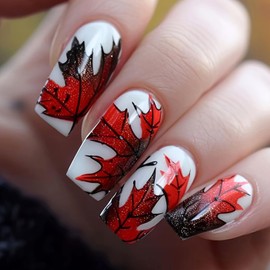 Vopintpy Fall Maple Leaf Press on Nails Medium Square Thanksgiving Fake Nails for Women Autumn Maple Leaves Acrylic Glue on Nail Glossy Reusable Artificial Stick on Nail