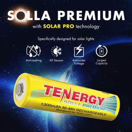 Tenergy Solla Premium Rechargeable NiMH AA Battery, 1300mAh Solar Batteries for Solar Garden Lights, Anti-Leak, Outdoor Durability, 5+ Years Performance, UL Certified, Pre-Charged 20 Pack
