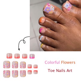 French Tip Press on Toenails Cute Flower Fake Toe Nails Short Square Designs Acrylic Toenails Colorful French Toenails Press on Nails Full Cover Glossy Artificial False Toenails for Women Girls 24Pcs