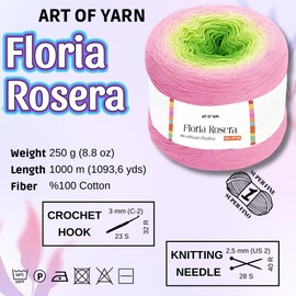 Art of Yarn Floria Rosera Ombre 100% Cotton 250g (8.80oz) 1094 Yards Fine 1 Vibrant Multicolor Rainbow for Crochet Knitting Amigurumi Crafts Ideal for Spring Summer Projects Thick Soft