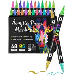 TOMSING 48 Set Dual-tip dual-color Markers Pens,Water-based Ink and Quick-Drying,Ideal for Plastic Sheets, Fabric, Bags, Ceramics, Stone, Pottery, Wood, DIY Crafts & Art Supplies （48 Set·96 Colors）