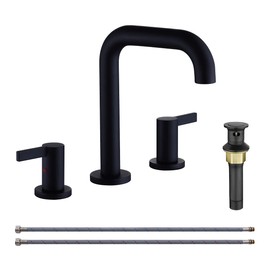 RKF Bathroom Faucets for Sink 3 Hole Matt Black 8 inch Widespread Bathroom Sink Faucet with Drain Double Lever Handle Faucet Bathroom Vanity Faucet Basin Mixer Tap Faucet with Hose & Deck CWF028-MB