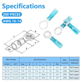 PRECIHW 200PCS Heat Shrink Ring Connectors kit, Marine Grade Ring Terminals, Waterproof Electrical Terminals Kit for Automotive (Incl. #10,1/4",5/16",3/8" Eyelet Connectors)