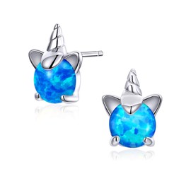 Simplgirl Blue Opal Stud Earrings, 925 Sterling Silver, Small, Round, 7 mm, Fashion Gift Jewellery, Hypoallergenic Earrings for Women, Girls, for Mother's Day, 'Multi-Way', Sterling Silver, Blue unicorn earrings.