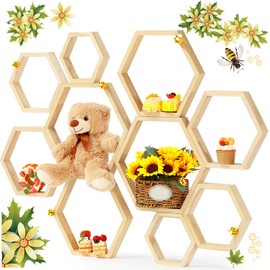 Gerrii 10 Pcs Honey Comb Decorations 5 Sizes Wood Hexagon Shelves Honeycomb Centerpiece Cupcake Stand Wooden Bee Hive Display Holder for Baby Shower Honeybee DIY Birthday Party Decor (Wood Color)