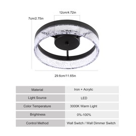 Jaycomey Modern LED Ceiling Light Fixture, 11.65" Black Flush Mount Kitchen Lighting with Clear Seeded Acrylic Lampshade,Round Ceiling Lamp Lights for Dining Room Foyer Hallway