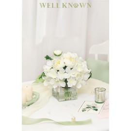 WELL KNOWN Hydrangea Ranunculus Flowers in Vase, Artificial Flowers with Vase, Silk Hydrangea Ranunculus Flower Faux Flowers in Vase Centerpiece Table Decorations for Dining Room Decoration (White)
