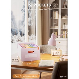 ABC life 26 Pockets Accordian File Organizer Expanding File Folders, Portable Letter A4 Size Filing Box,Plastic Monthly Receipt Document Organizer with Colored Tabs (Pinkish Purple)