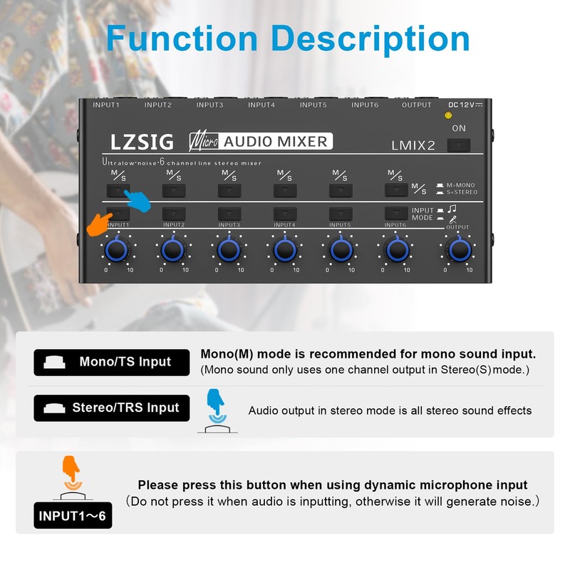 LZSIG Mini Audio Mixer,Stereo Line Mixer for Sub-Mixing,Ultra Low-Noise,6-Channel,Microphone Independent