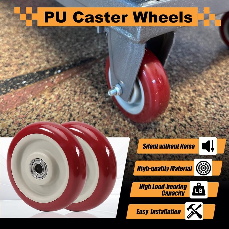 Juvielich 4Pcs 2.5 Inch Push Cart Wheels, Red PU Caster
