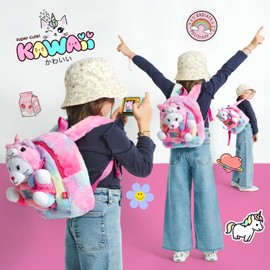 PERLETTI Kawaii Unicorn Backpack for Small Girls 3 4 5 6 Years - Removable Plush Cat Plush Toy for Children Nursery - Soft Bag Multicoloured Rainbow, rainbow, Backpack