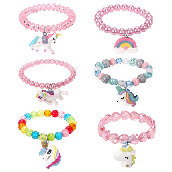 Set of 6 Unicorn Rainbow Bracelets, Little Girl Animal Bracelets, Teens Kids Unicorn Pendant Beaded Bracelet Girl Party Favor Pretend Play Bracelet