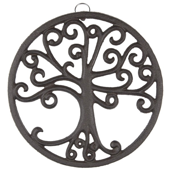 gasaré, Cast Iron Trivet for Pots, Pans, and Hot Dishes, Metal Trivet, Tree of Life Design, Rubber Feet Caps, Ring Hanger, 8 Inches, Brown, 1 Unit