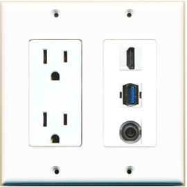 Wallplate City [ 2 GANG ] 15 Amp Power Outlet HD USB 3.0 3.5mm Wall Plate White