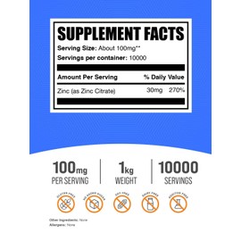 BulkSupplements.com Zinc Citrate Powder - Zinc Supplements, Mineral Supplement, for Immune Support - Gluten Free, 100mg per Serving, 1kg (2.2 lbs) (Pack of 1)
