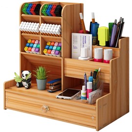 Marbrasse Wooden Desk Organiser,Pen Holer for Desk,Stationary Organiser,Desktop Storage Organizer Caddy(Cherry Wood)